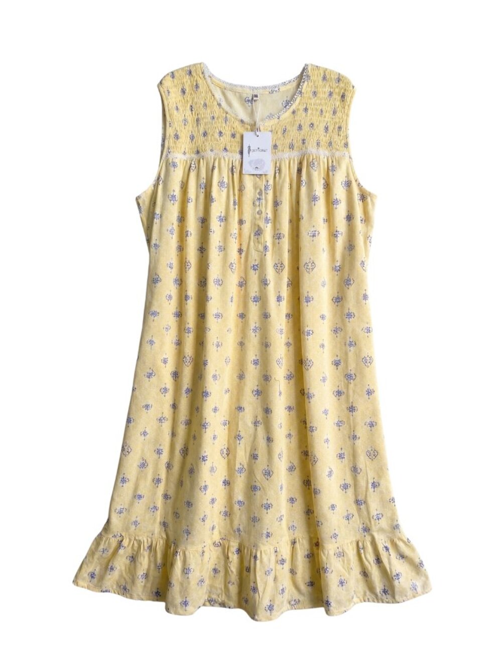 NWT Yellow Floral Smocked Cotton Sleeveless Ruffle Nightgown Sleepwear XXL - Picture 2 of 8